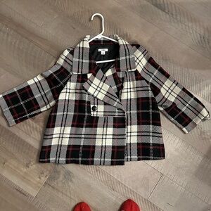 ** FINAL OFFER ** EUC PERFECT PLAID JACKET IN IVORY RED & BLACK WITH 3/4 SLEEVES